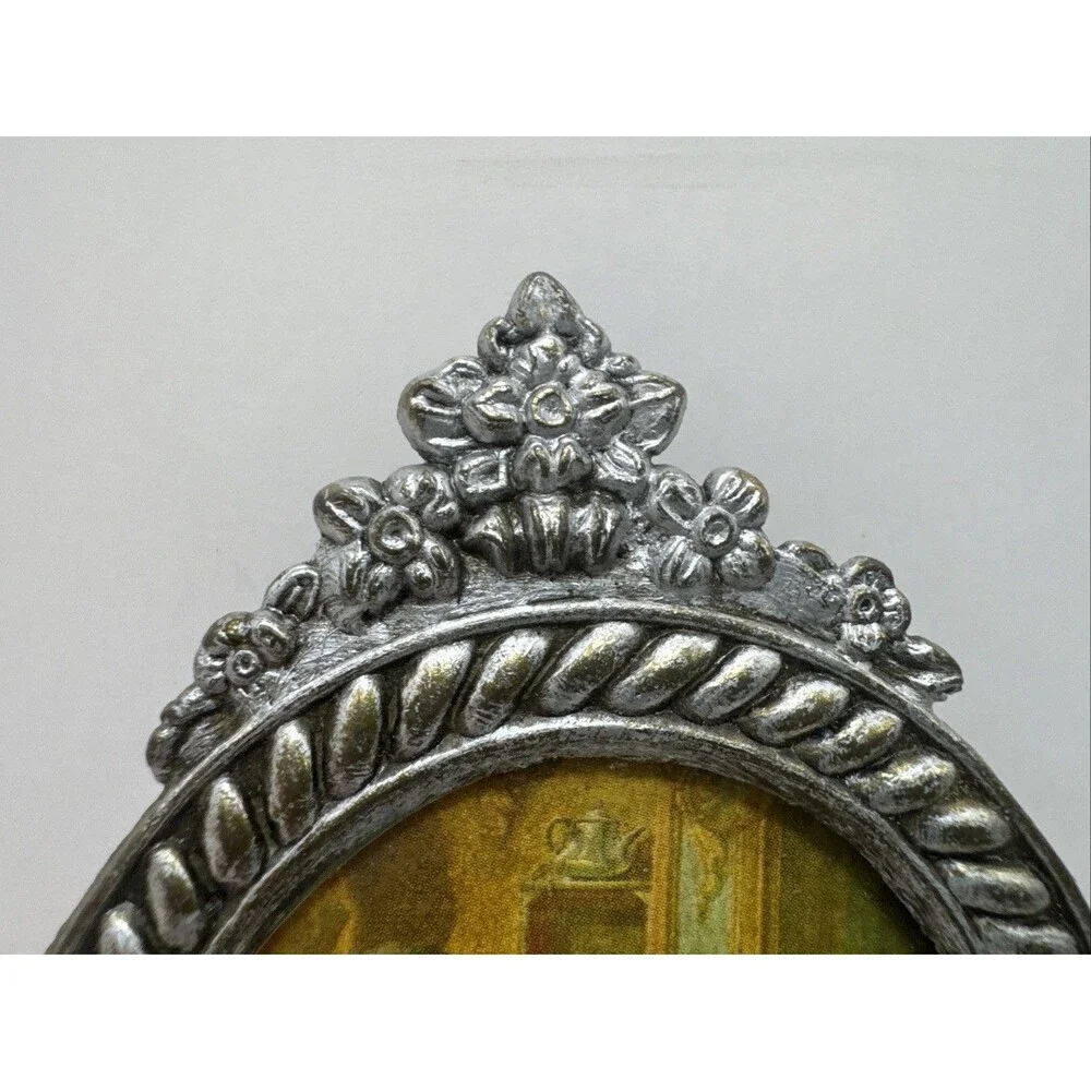 Antique style miniature bronze - gold oval picture frame ornate details W/ Photo